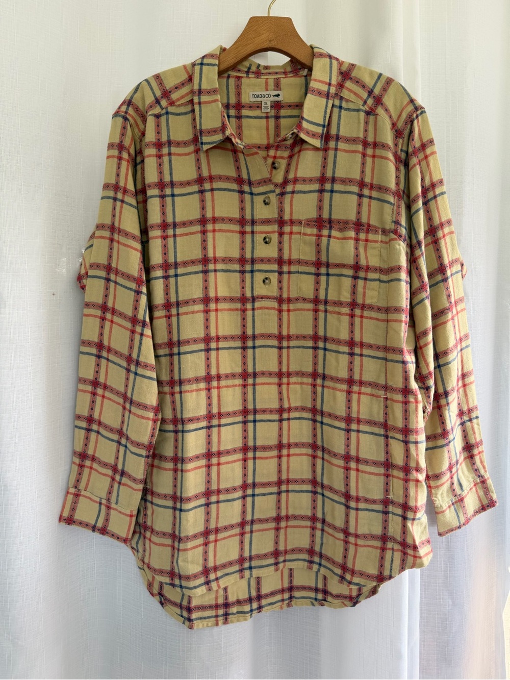 Toad&Co Plaid Tunic Top Women’s XL Yellow Red Blue Organic Cotton Blend Long Sle